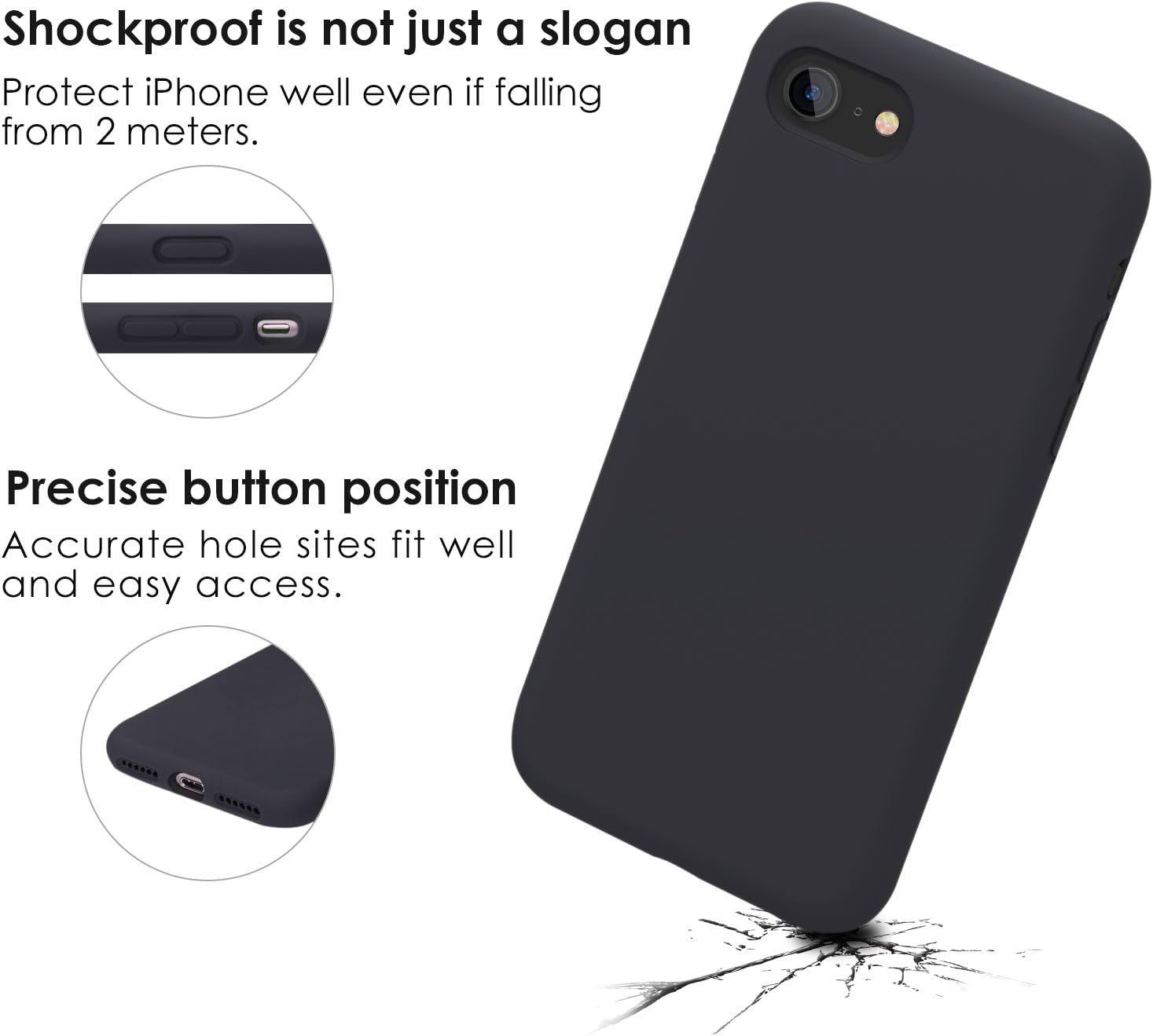 JASBON iPhone SE Case 2020, iPhone 8 Case, iPhone 7 Silicone Case Rubber Gel Shockproof Cover Drop Protection with Soft Microfiber Liner for iPhone 7/8/SE 2020 4.7 inch - Black