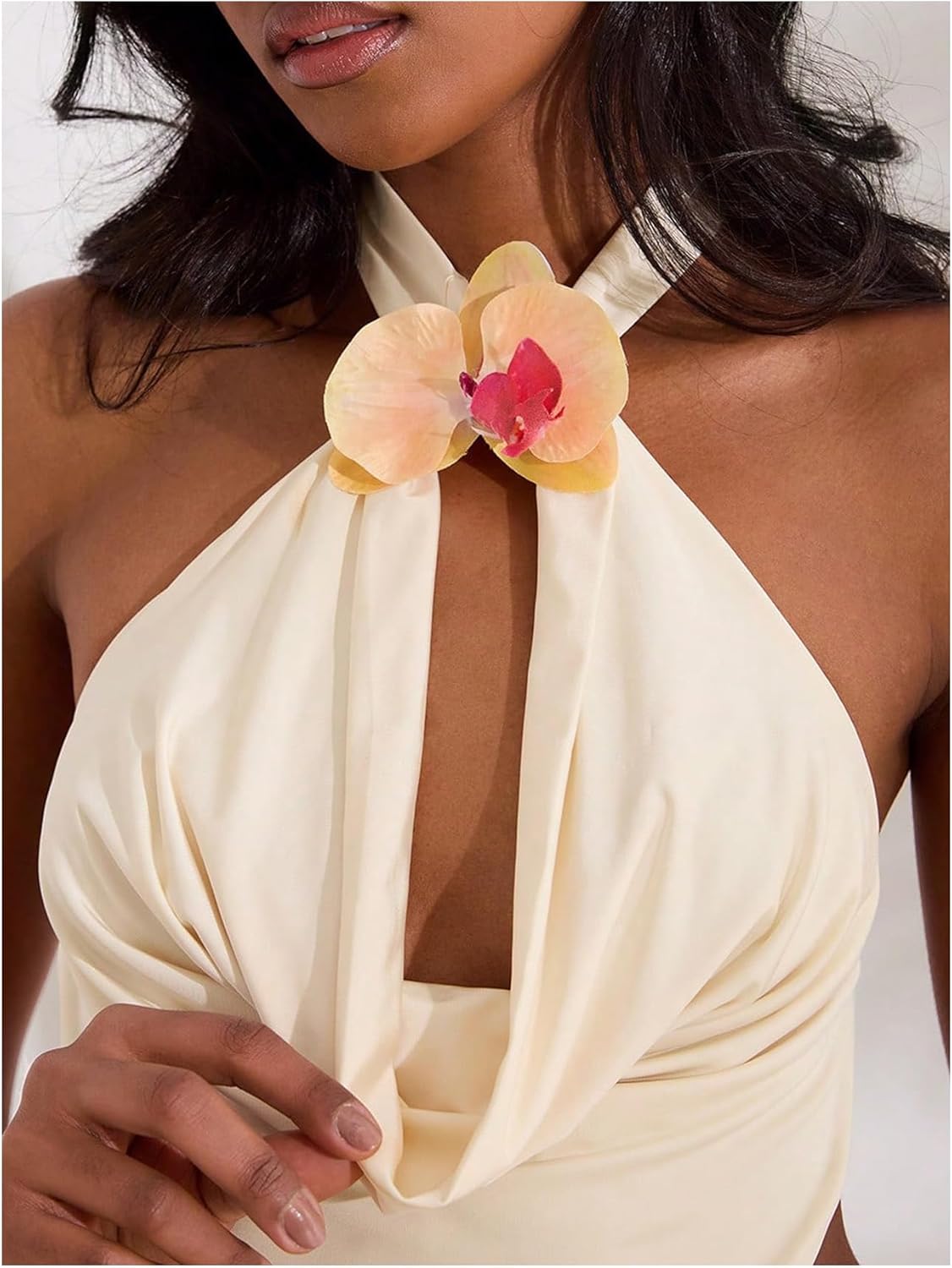 MakeMeChic Women's Draped Neck Halter Top 3D Floral Backless Sleeveless Summer Beach Vacation Crop Tank Tops - Image 5