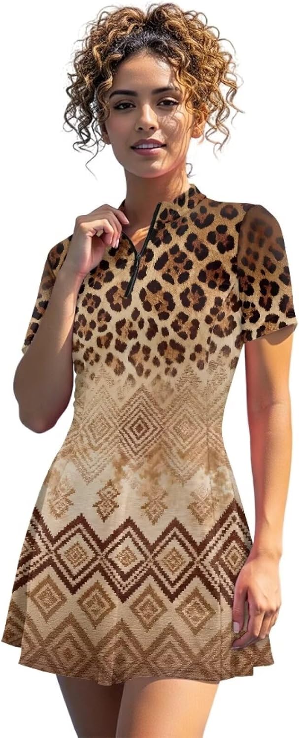 Women's Short Sleeve Golf Tennis Dress with Inner Shorts Pockets for Workout Exercise Half Zip Collar Athletic Dress
