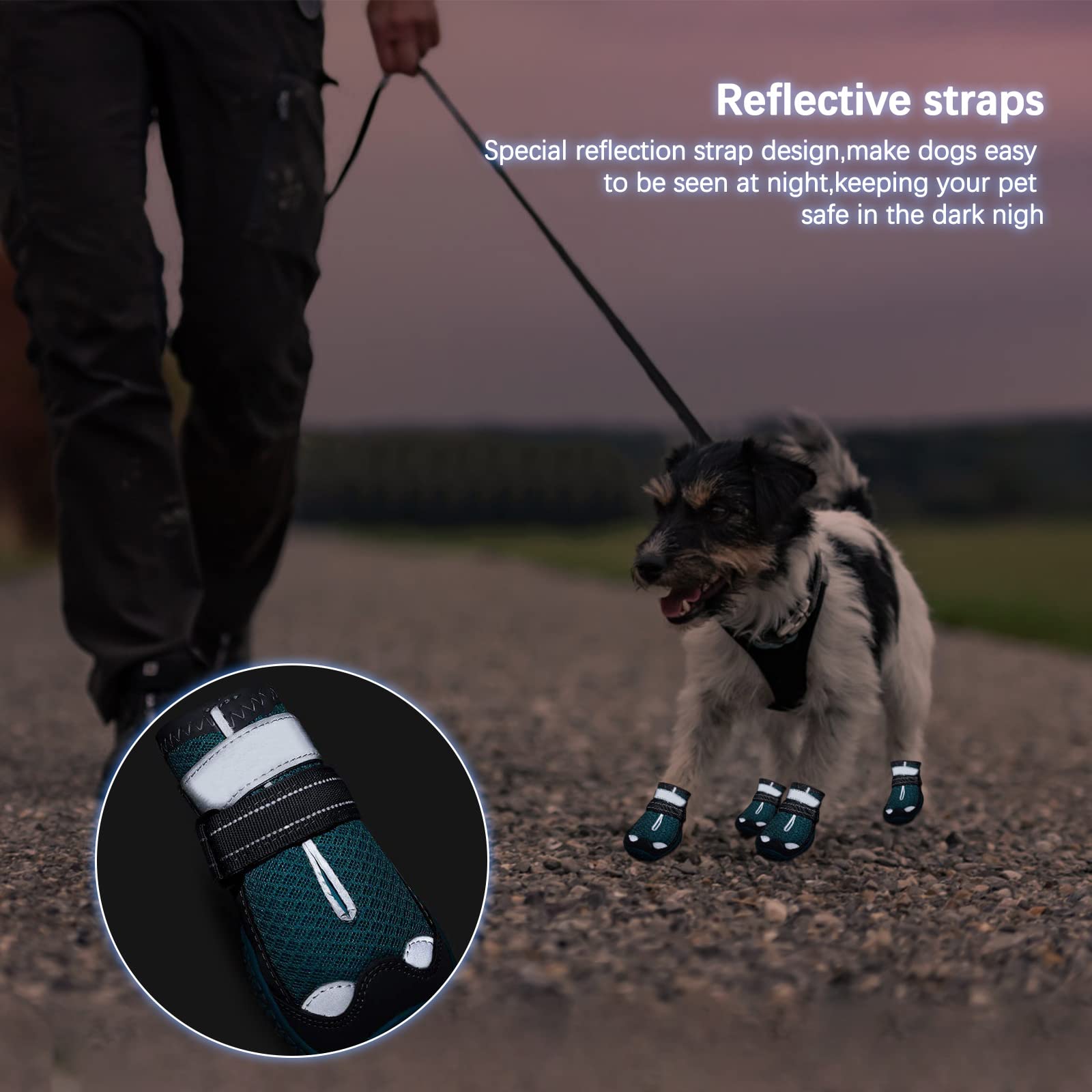 Stivali per Cani, 4pcs Scarpe per Cani Traspirante Antiscivolo con Cinghie Regolabili Riflettenti per Cani Piccola Taglia Media