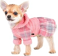 Vista 1 de Vestido de invierno para perro, lindo suéter de forro polar cálido con capucha para perros pequeños, vestidos de cachorro a cuadros rosados, ropa