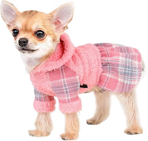 Vestido de invierno para perro, suéter de forro polar para perros pequeños, lindo vestido de cachorro a cuadros rosa cálido, ropa para chihuahua