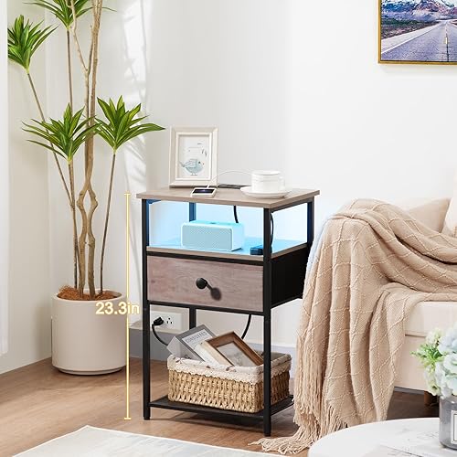 Miniatura 9 de Juego de 2 mesitas de noche LED con estación de carga, mesas auxiliares para sala de estar con cajón de tela para espacios pequeños, mesas