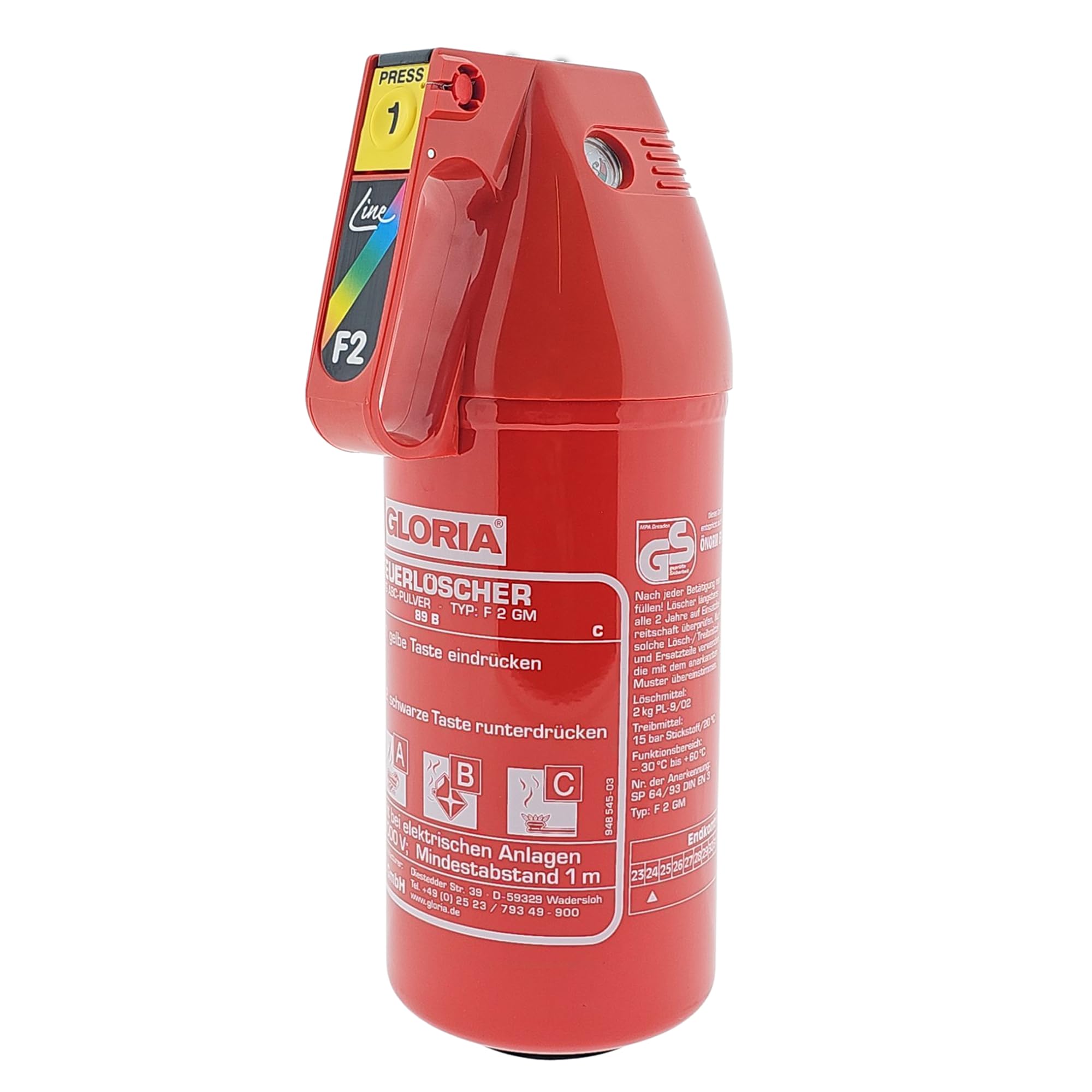 Estintore (Efficacia: 13-89B-C) | Estintore da 2 kg. di ABC Powder | Modello: F2GM | Brand Gloria | Multi-applicazione, utilizzata per auto, barche, roulotte, case, locali commerciali e altro ancora.