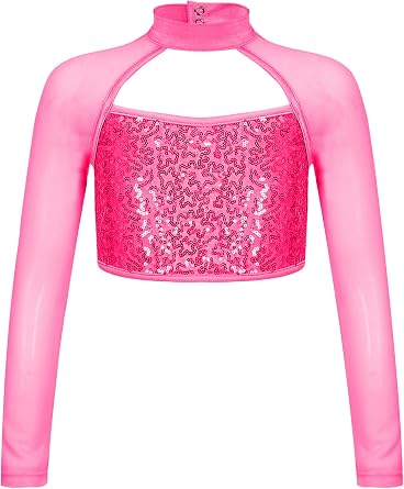 Kids Girls Turtleneck Jazz Hip Hop Dance Crop Top Sequins Long Sleeve Athletic Shirt Streetwear Dancewear