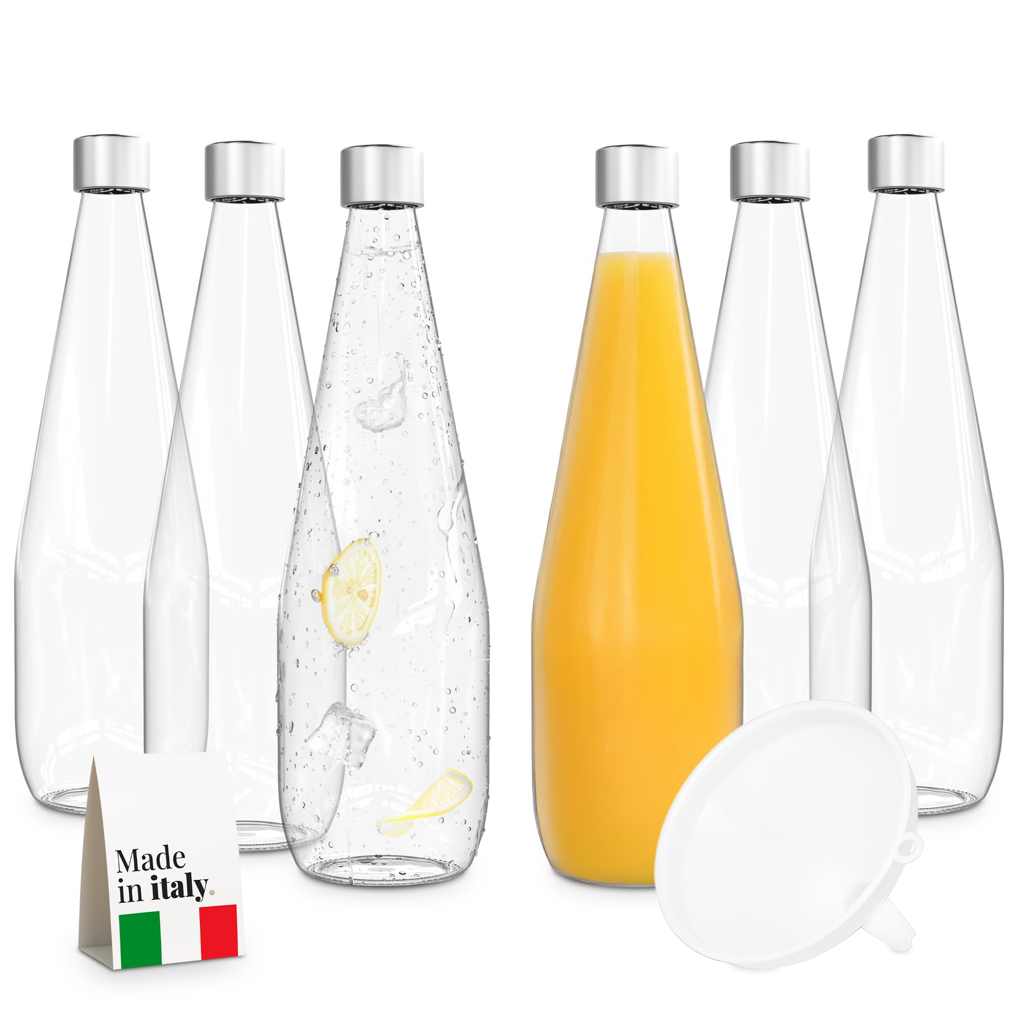 TUNDRA - Lot de 6 Bouteille Verre 75cl avec 6 Bouchons à Vis et 1 Entonnoir | Ligne CONIC | Bouteilles en Verre MADE IN ITALY, Résistantes et Lavables au Lave-Vaisselle - Pour l'Eau, la Limonade