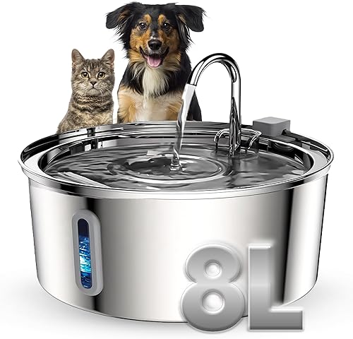 Fuente de agua para perros de acero inoxidable, dispensador de agua automático grande de 8 litros para gatos, perros y otras mascotas, fuente