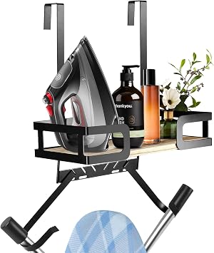 Ironing Board Hanger with Storage Basket and Removable Hooks