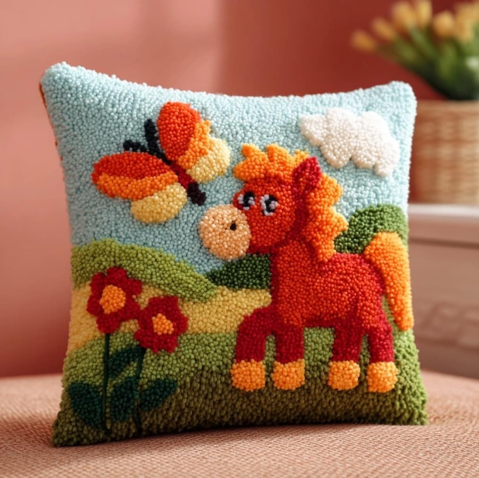AxiangziK Latch Hook Cushion Kit 43x43cm,Horse and Butterfly Beginner Friendly Needlecraft Set,Easy Latch Hook Kit for Home Decor