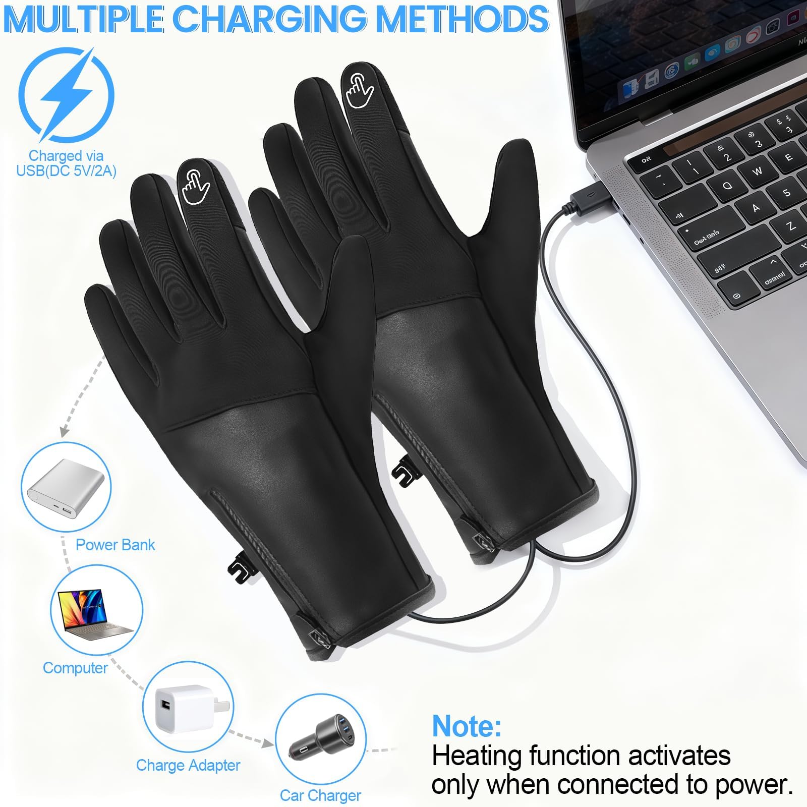 Générique Gants Chauffants pour Homme Femme, Rechargeable Gants Chauffants USB avec Écran Tactile, Imperméables et Antidérapants, 3 Températures Réglables, Gants Hiver pour Velo/Moto/Ski/Travail