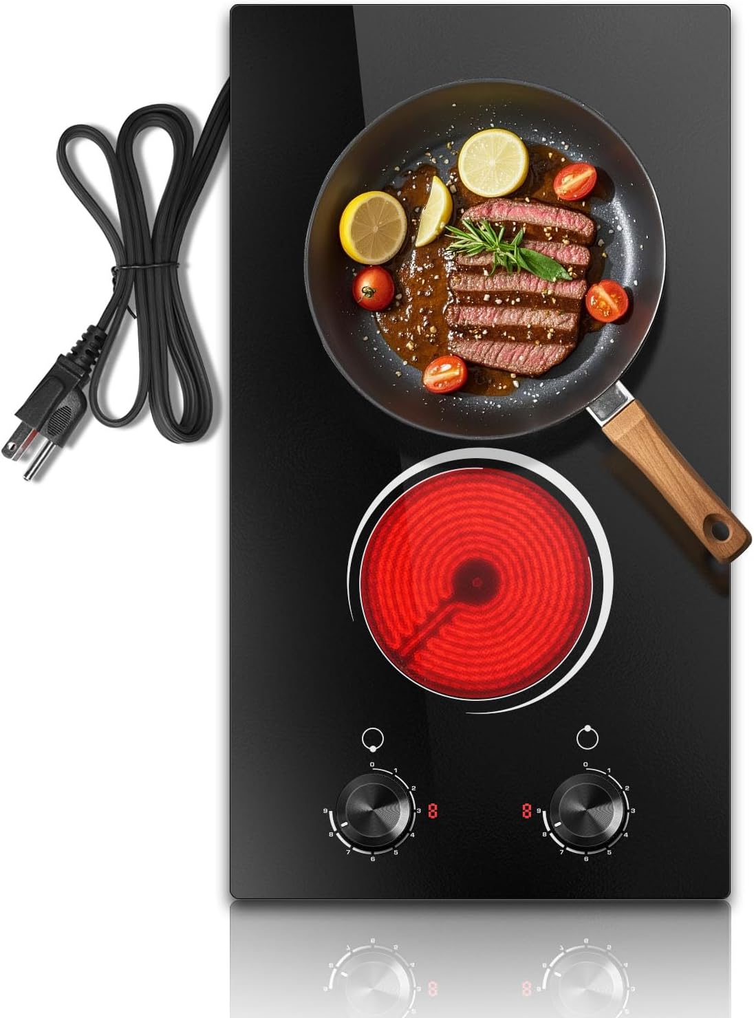 2 Burner Electric Cooktop 110V, 12 Inch Electric Cook Top Plug in, 2000W Electrics Stove with Knob Control, Countertop & Built-in Ceramic Stovetop, 9 Heating Level, Residual Heat Indicator
