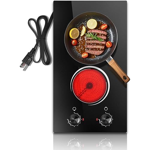 2 Burner Electric Cooktop 110V, 12 Inch Electric Cook Top Plug in, 2000W Electrics Stove with Knob Control, Countertop & Built-in Ceramic Stovetop, 9 Heating Level, Residual Heat Indicator