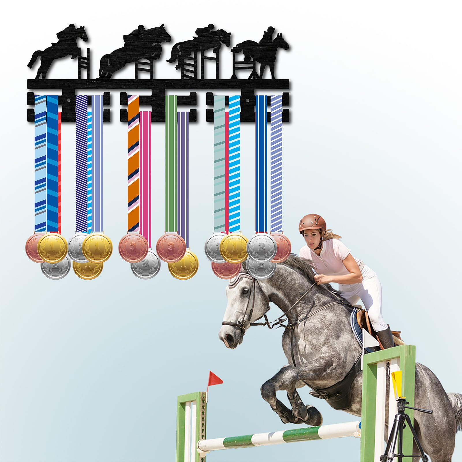 CREATCABIN Appendiabiti per Medaglie Equestri in Legno Display Porta Medaglie Porta Medaglie Sportive Rack da Parete Montato su 30 medaglie Premi Nastro Supporto per Competizione Equitazione 40x15cm