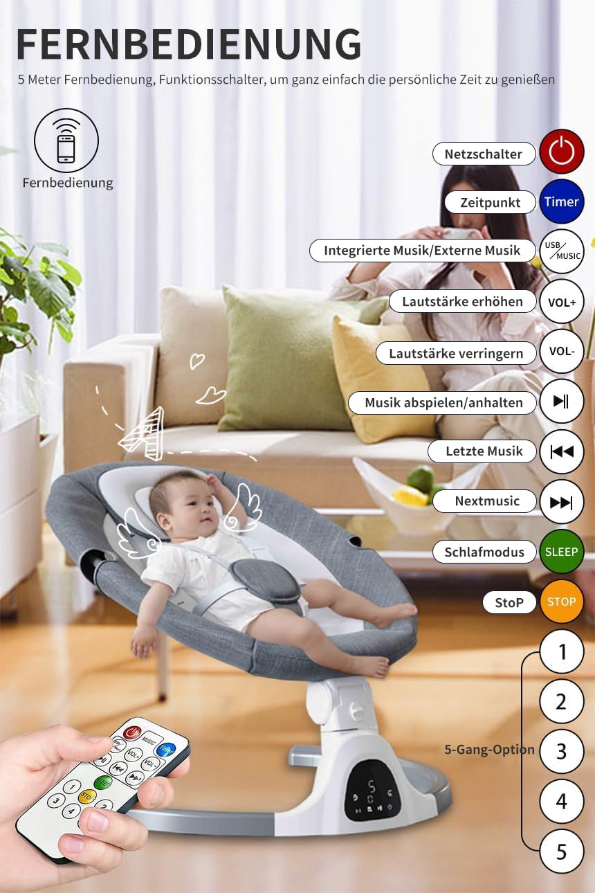 Altalena Baby Bluetooth Baby Altoparlante musicale 5 velocità con 12 ninna ninna ninna preimpostata telecomando Baby dondolo per interni con sedia touch screen per 5