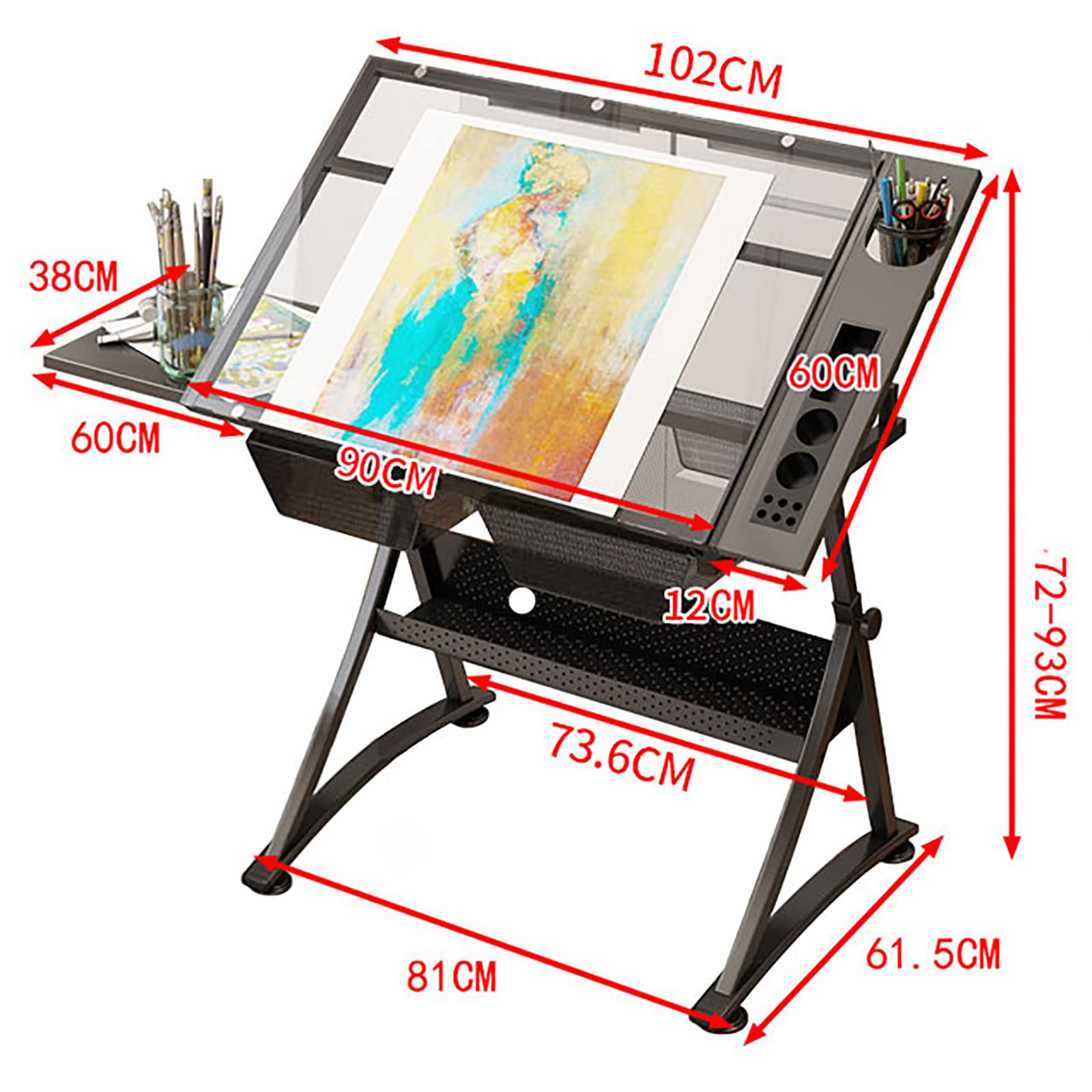 OTQEFTN Glass Drafting Table Art Desk with Stool, Height Adjustable Drawing Desk Art Table for Artists, Upgraded Tiltable Tabletop Art Craft Desk Painting Work Station for Reading Writing