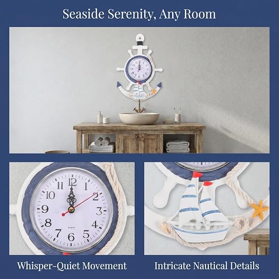 BESPORTBLE Nautical Wall Anchor Clock Beach Theme Ship Clock Coastal Wall Art Decoration Mediterranean Style Home Ornament for Indoor Outdoor Bedroom, Patio, Living Room, Garden, Bathroom
