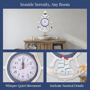 BESPORTBLE Nautical Wall Anchor Clock Beach Theme Ship Clock Coastal Wall Art Decoration Mediterranean Style Home Ornament for Indoor Outdoor Bedroom, Patio, Living Room, Garden, Bathroom
