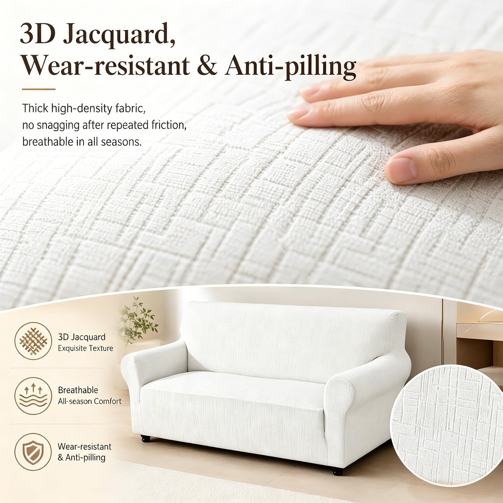 FARYODI Funda de sillón con reposabrazos, funda de sofá de alta elasticidad, funda de sofá de jacquard universal, gruesa para perros, gatos y mascotas (blanco, tres plazas)