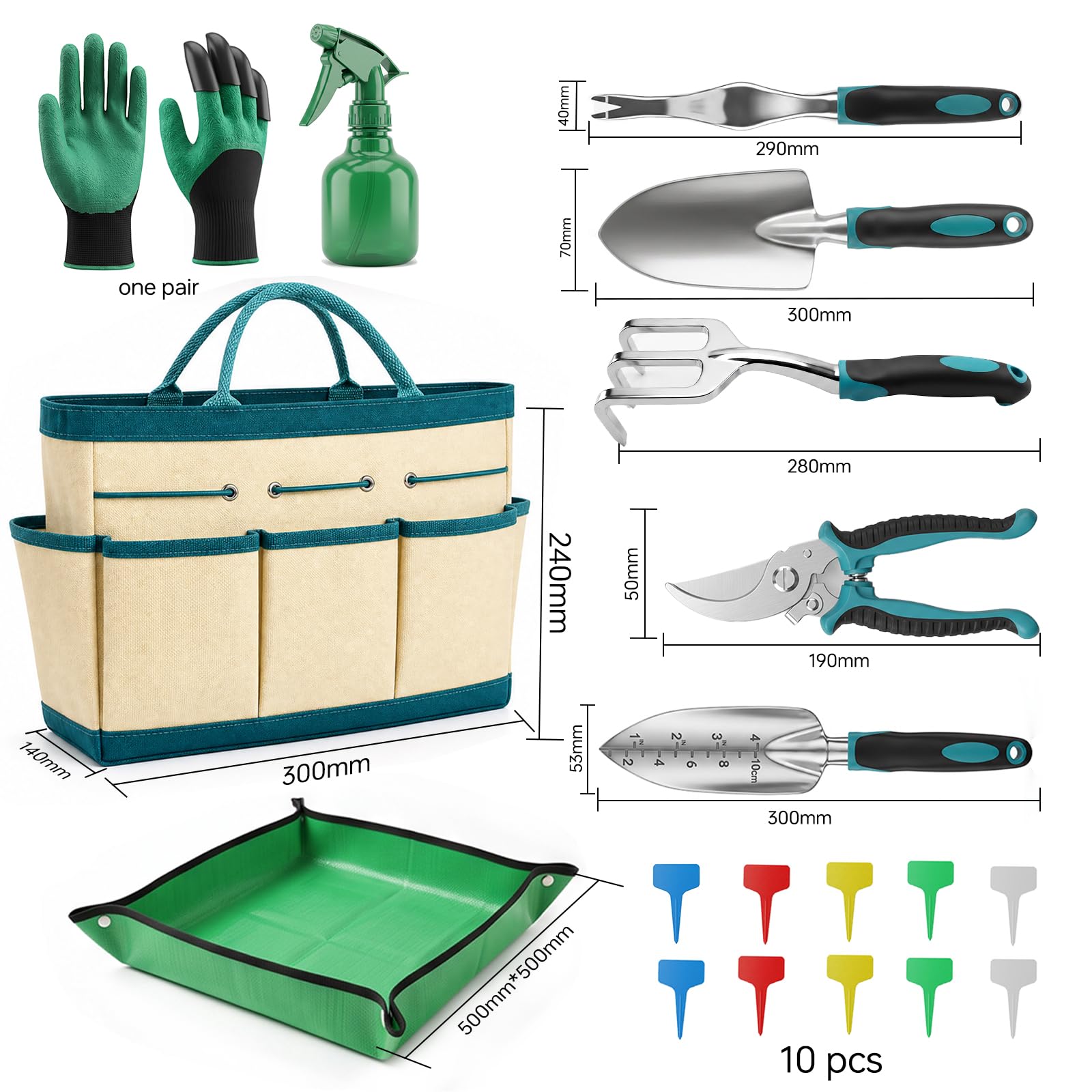 Set di attrezzi da giardinaggio con borsa, cazzuole e cesoie, 10