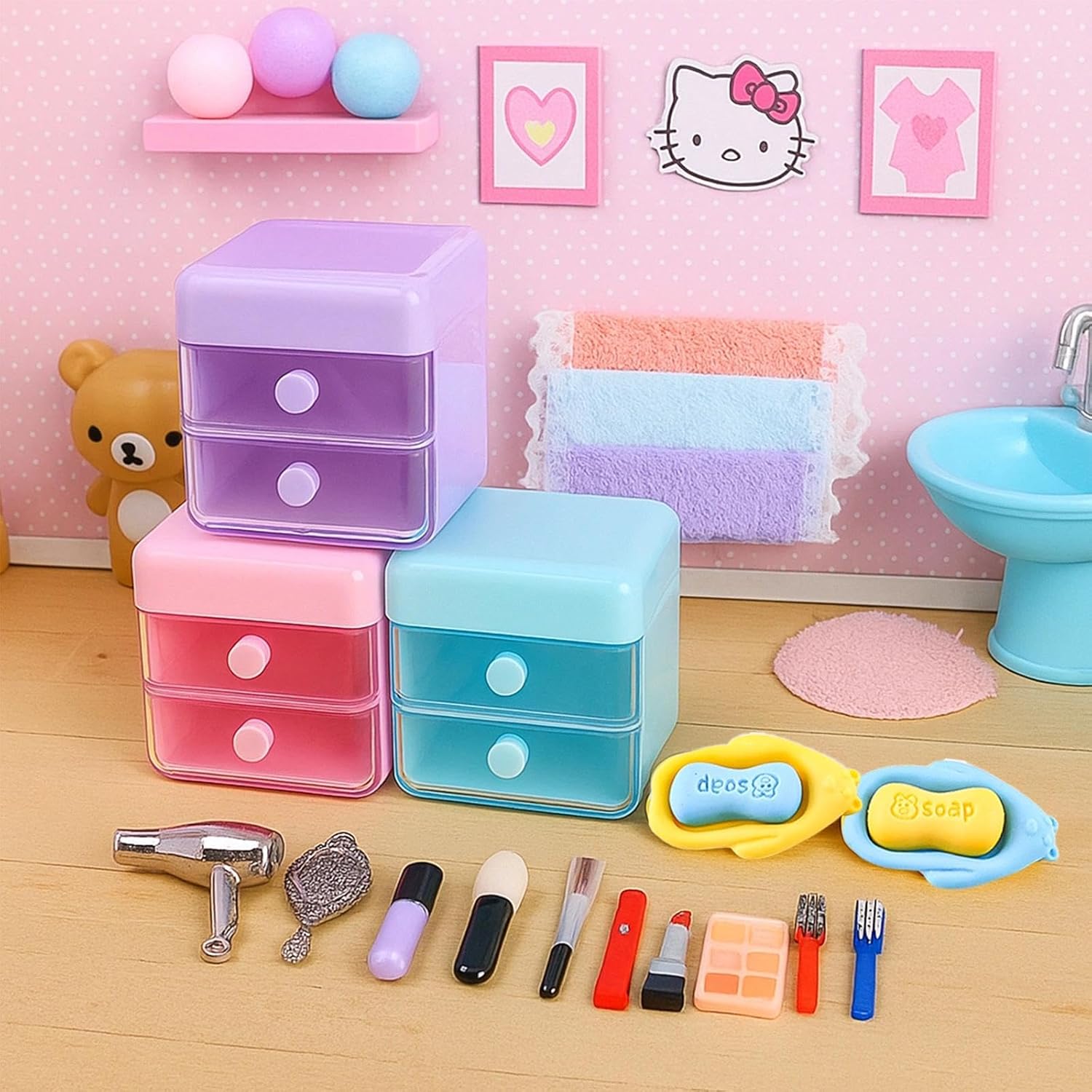 116Pcs Dollhouse Mini Accessories Set - Makeup Tools Bathroom Toiletries Handbag for DIY Micro Scene Decoration Simulation Shampoo Hair Dryer Cosmetic Brush for Bedroom Girl Novelty Toy Jewelry Box