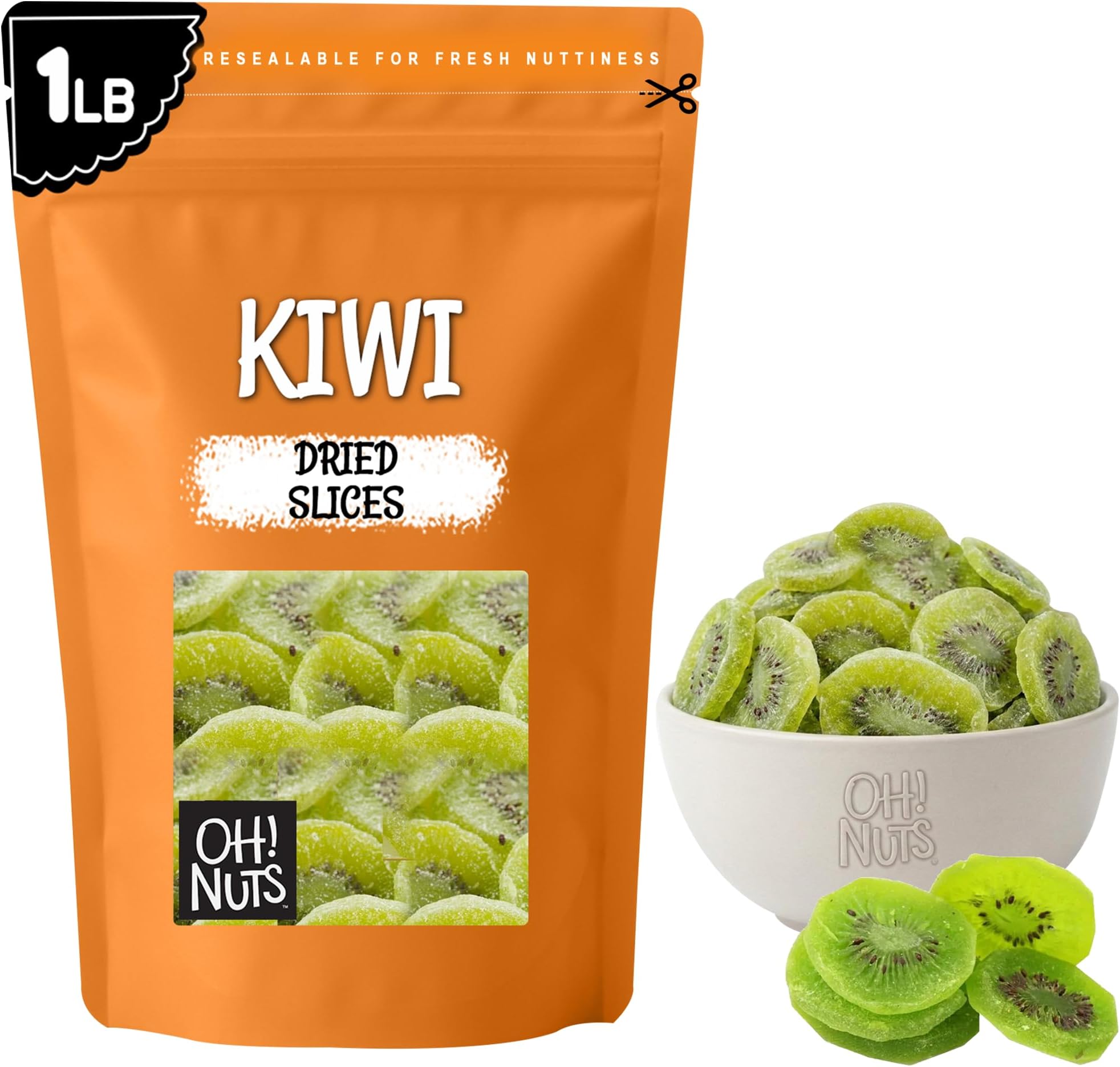 Oh! Nuts Dried Kiwi Fruit โ Sweetened Kiwi Slices โ 1 LB โ Delicious Dried Kiwi Packed Fresh in New York Zip-Seal Bag