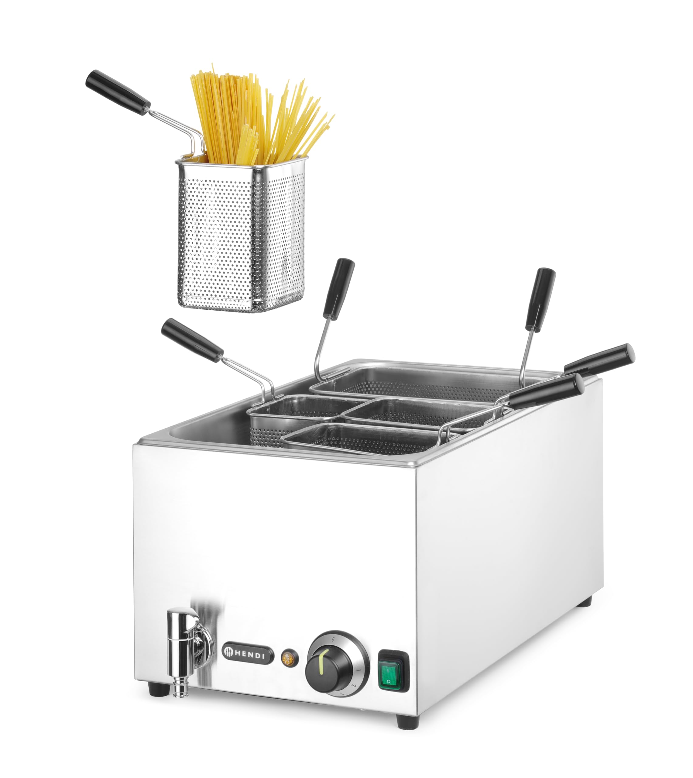 HENDI Cuocipasta Professionale 25 L con 5 Cestelli, Termostato 45–110°C, Rubinetto di Scarico con Blocco Meccanico, 230V/3500 W, 601x326x(H)279mm, Acciaio Inossidabile