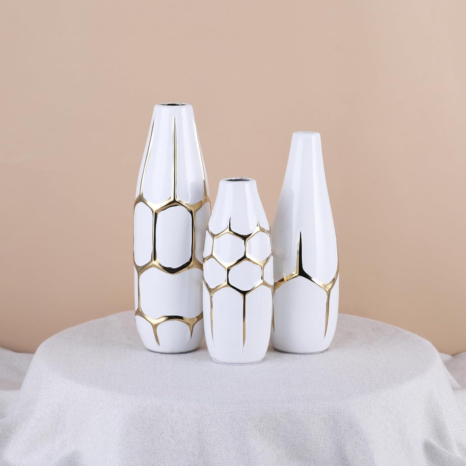 Ceramic Checkered Vases Set of 3 - White and Gold Striped Vase Home Decor, Golden Modern Flower Vases Living Room Elegant Centerpieces, White Gold vase for Table Kitchen Bathroom Art Deco