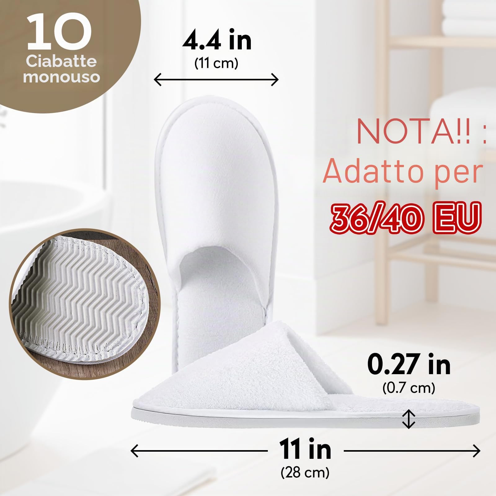 10 paia di slippers per Hotel Bianca Donna Uomo, Pantofole Antiscivolo Monouso, Pantofole Ospite, Punta chiusa, Ciabatte Unisex in Spa e Ospiti