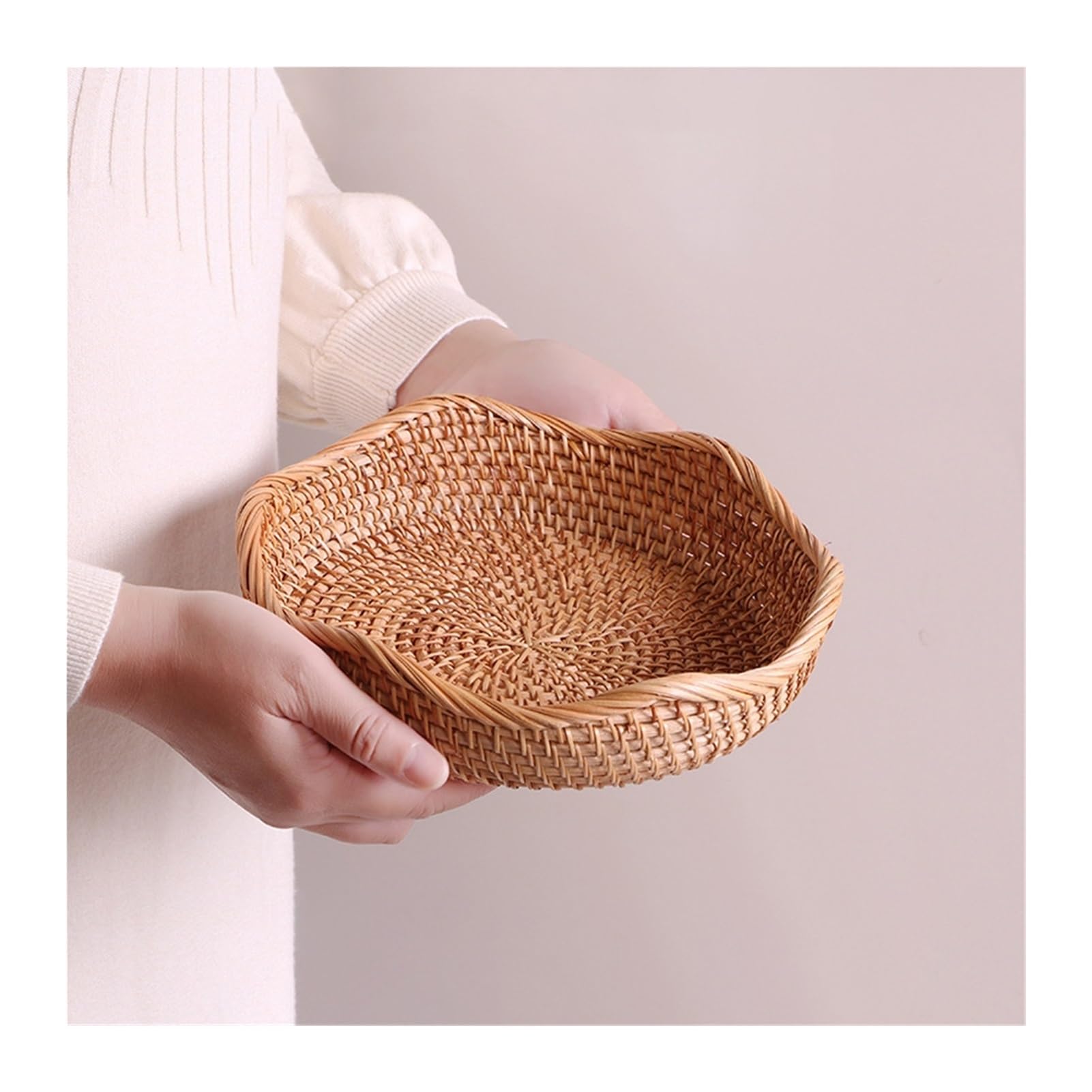 8.66" Handmade Rattan Bread Basket Natural Round Wicker Fruit Serving Storage Bowls Wave Woven Food Decorative Kitchen Counter Organizing