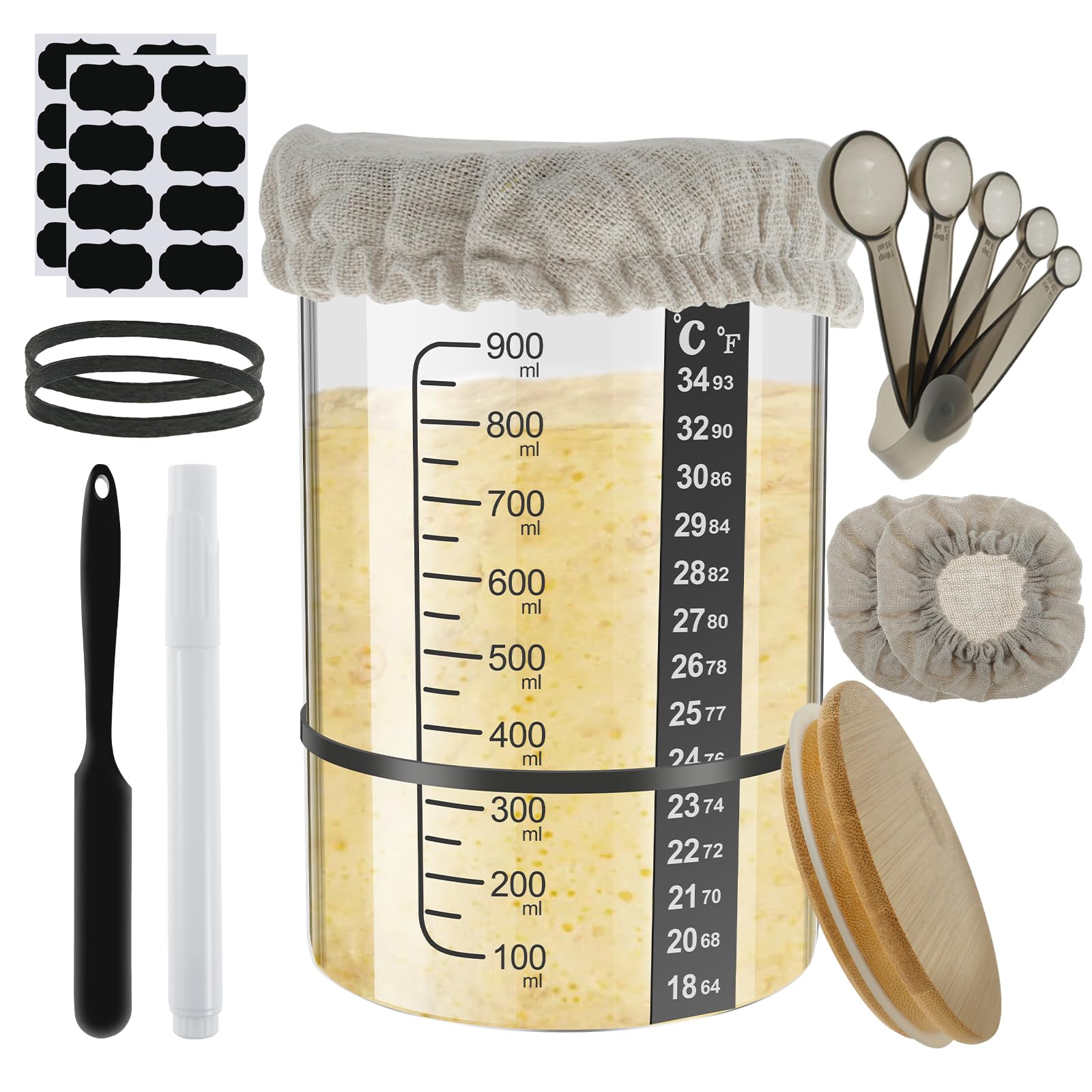 Nihuifdpy Set 2 12Pcs Pro Sourdough Starter Kit With 900Ml Sourdough Starter Jar, Wooden Lid, Rubber String, Silicone Spatula, Cloth Cap, Temperature Paper, Label Sheet, Spoon And Pen For Making Delicious Breads
