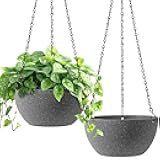 T4U 8 Inch Hanging Planters for Indoor Plants, 2 Pack Hanging Planter, Hanging Plant Pots with Drainage Holes and Chain, Hanging Basket Pots for Garden Home Porch Decor,Grey