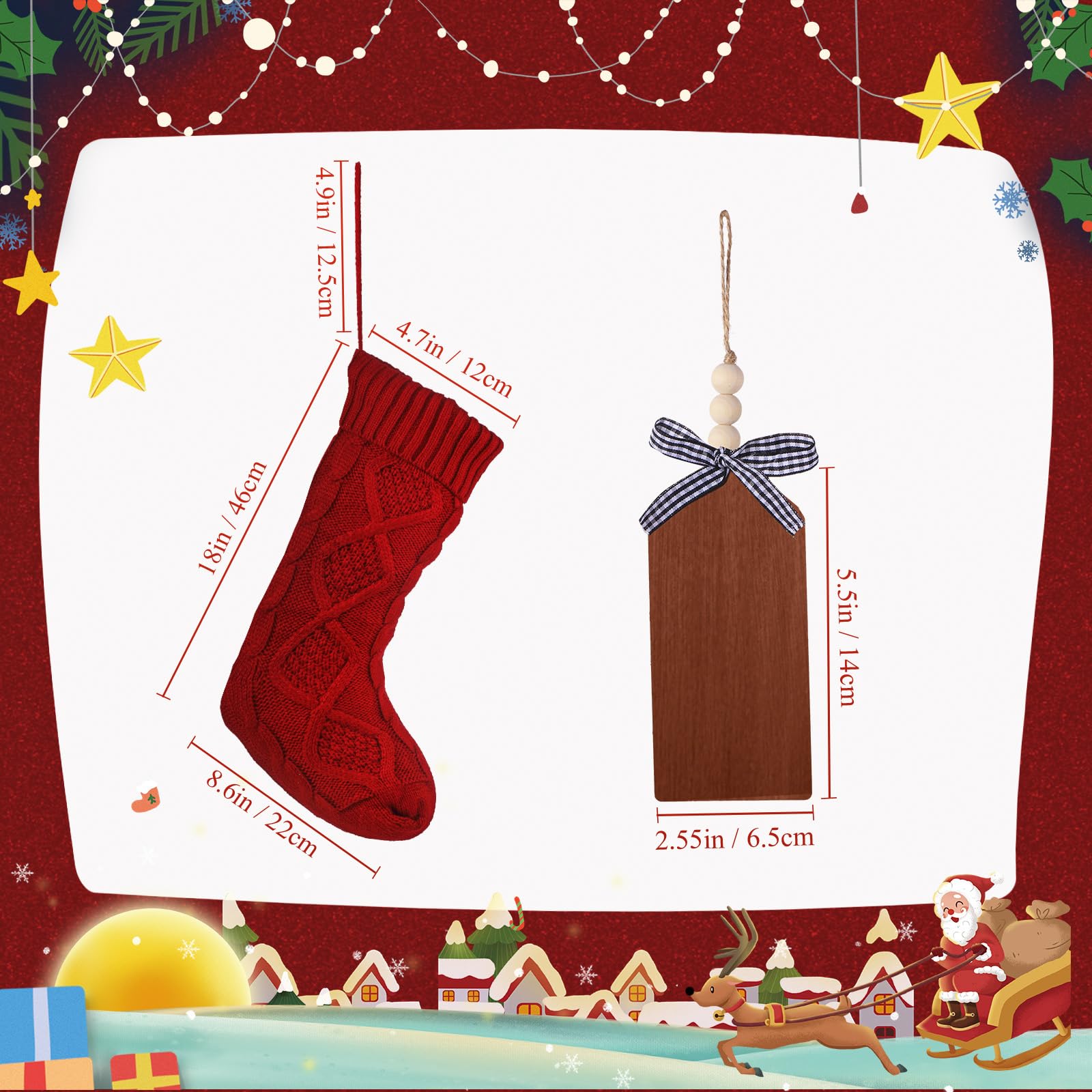 Grandi calze di Natale con etichette per nome in legno fai da te, 45 cm, grandi decorazioni natalizie da appendere con etichette per calze di Natale, decorazioni decorative per feste di Natale (rosso,