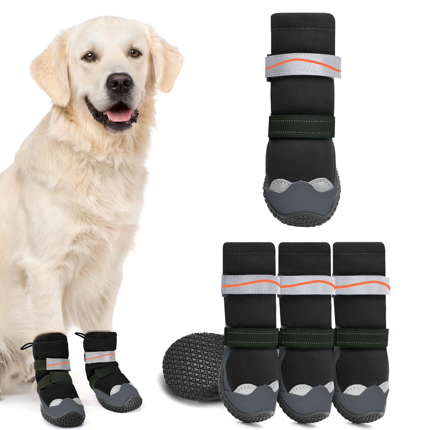 SlowTon Dog Shoes - Waterproof Pet Shoes with Reflective Straps, Winter Outdoor Walking Anti-Slip Boots for Injured Paws, Pet Paw Protector for Small Medium Large Dogs on Snowy Rainy Day