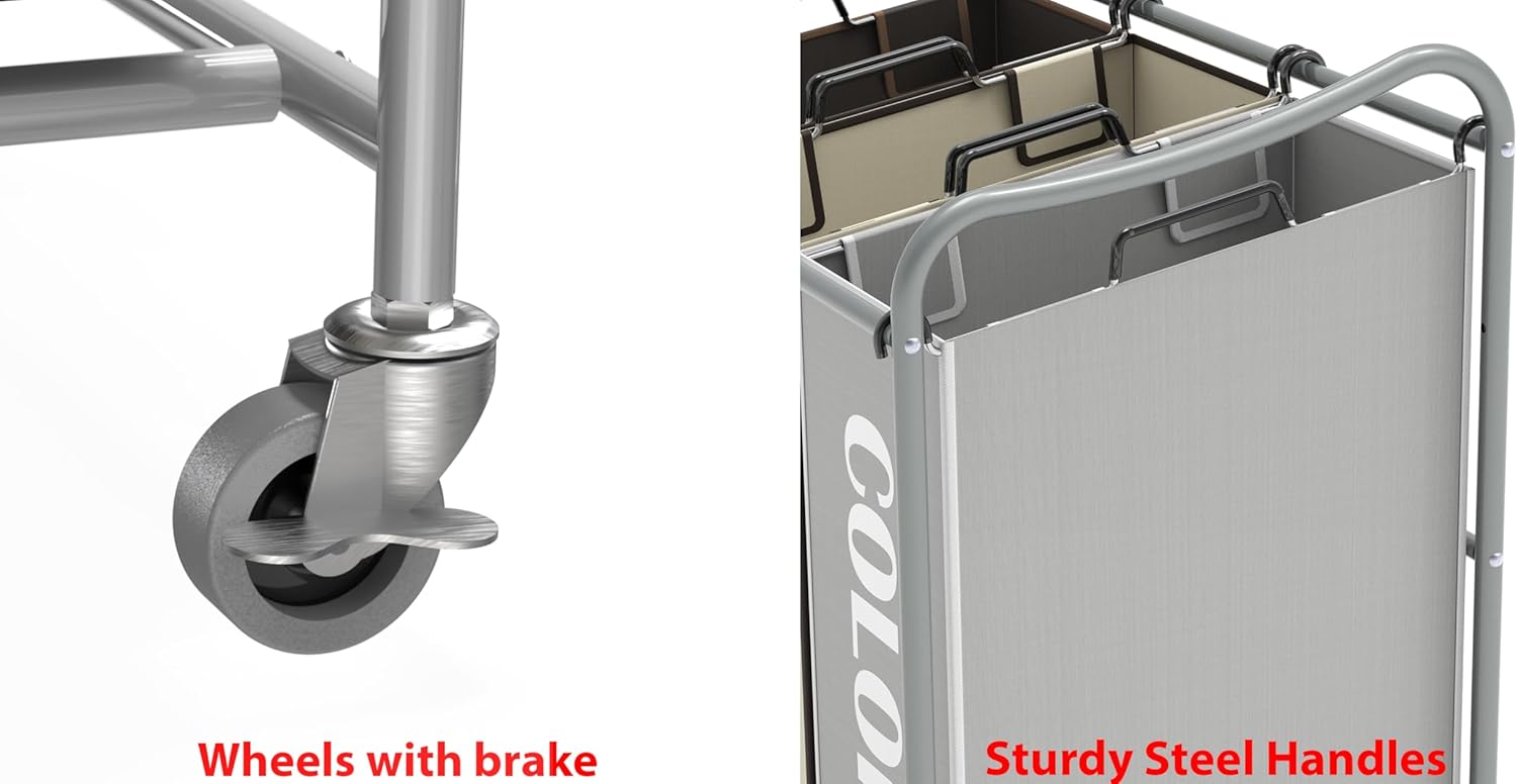 Heavy Duty Silver 3-Bag Laundry Sorter with Rolling Cart
