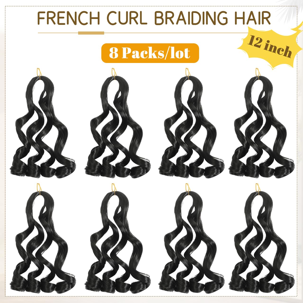 French Curl Braiding Hair 12 Inch Pre Stretched Bouncy Braiding Hair Curly Extension for Braids Synthetic French Curl Braids for Black Women 8 Packs