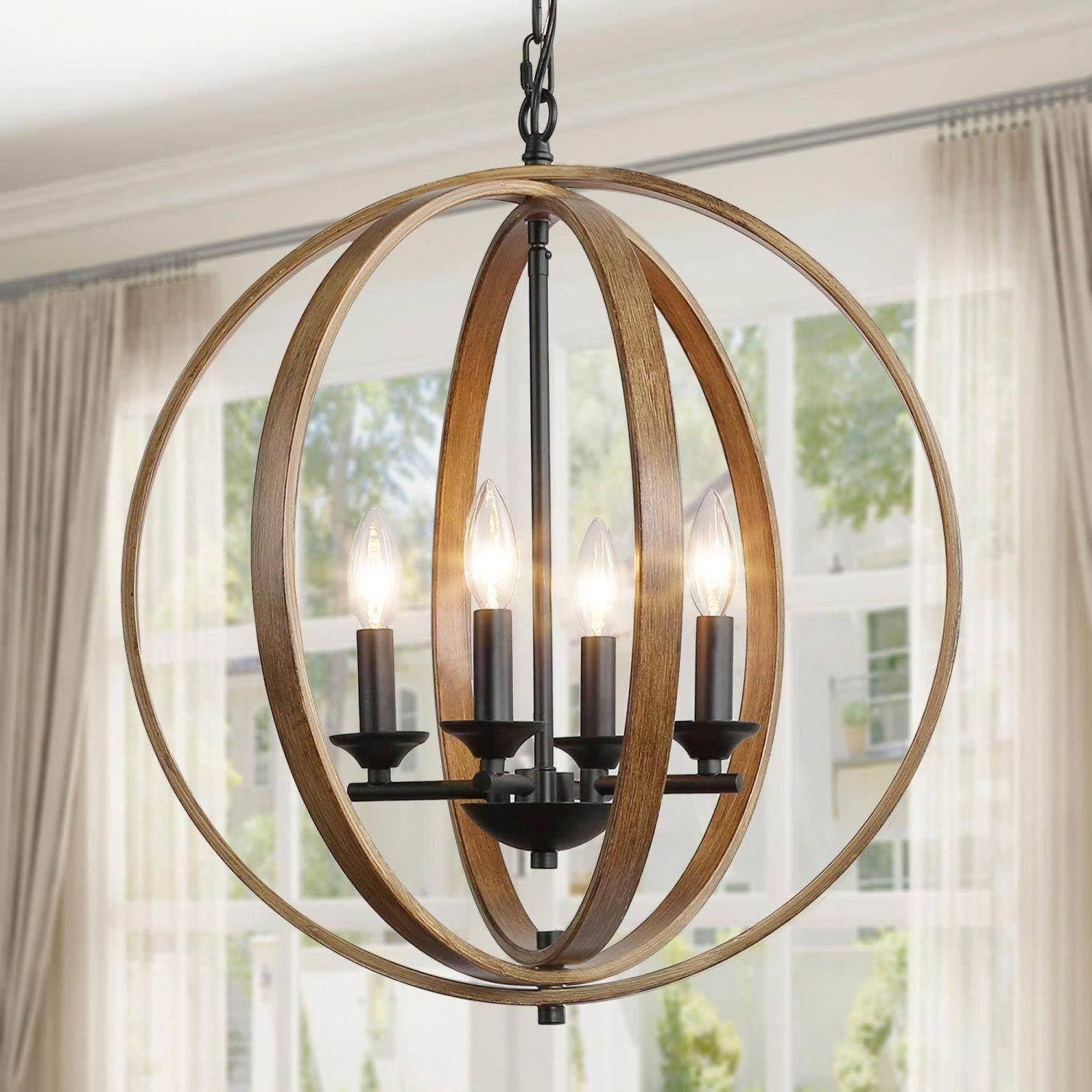 KSANA Farmhouse Orb Chandelier, 4-Light Faux Wood Globe Chandeliers Light Fixture for Dining Room, Foyer & Kitchen Island