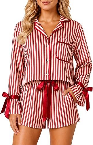 Christmas Pajamas for Women Y2k Bow Pjs Silk Button Up Top S