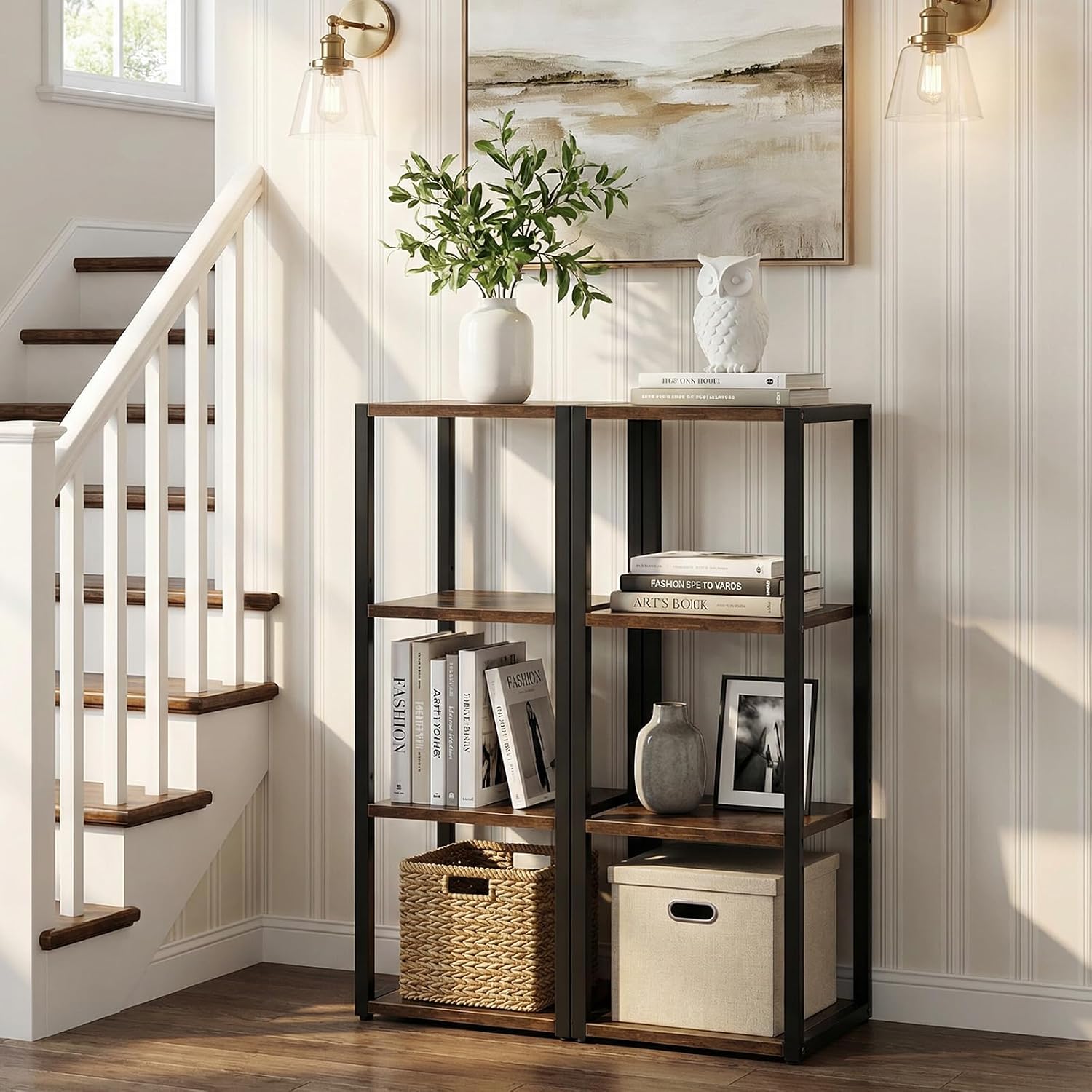 Narrow Bookshelf, 7 Tier Tall Bookshelves with Adjustable Shelves, DIY Stackable Bookshelf, Shelf Storage Organizer for Small Space, Living Room, Office, Study, Entryway, Industrial, Rustic Brown