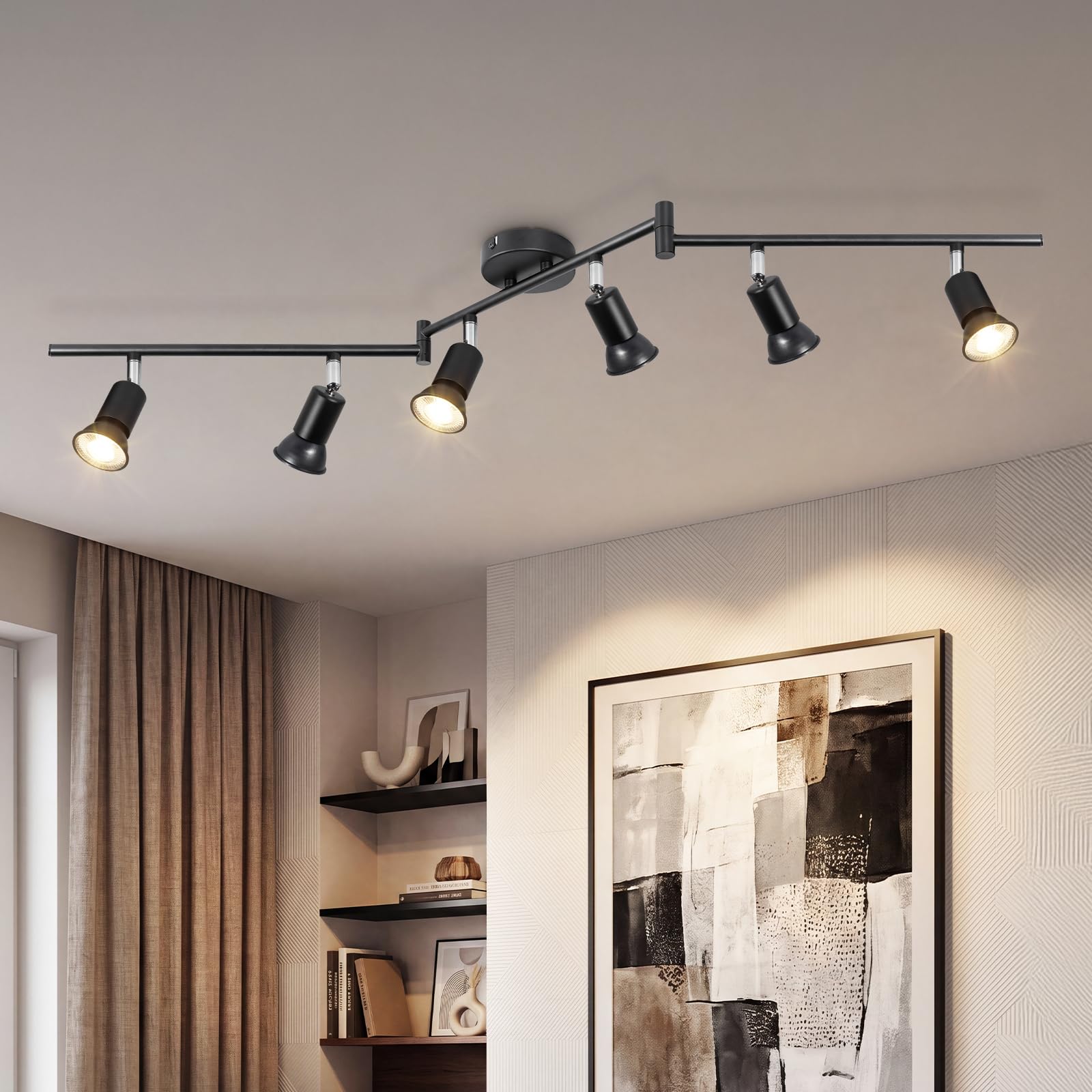 Faretti LED Soffitto GU10 Orientabili in Ferro, Nero, 6 Luci | 350° Orizzontali e 90° Verticali, Max 50W per Lampadina GU10, Senza Lampadina, Ideale per Soggiorno, Cucina e Camera da Letto