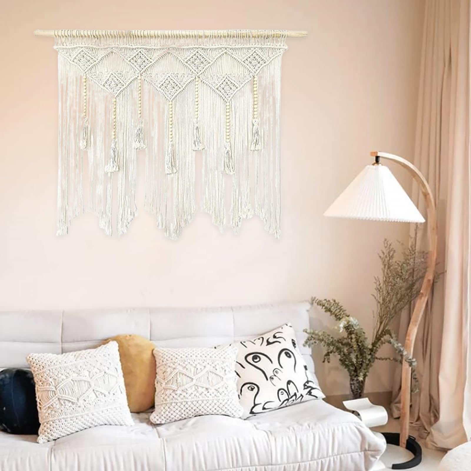 Rideaux en macramé avec perles en bois - Rideau tissé court - 100 x 80 cm - Beige - À suspendre au mur - Décoration murale d'extérieur