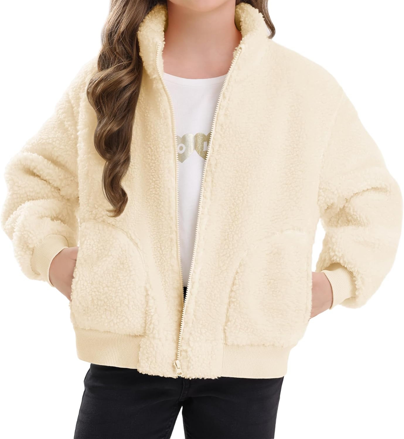 Stelle Girls Sherpa Jacket Fall Fleece Coat Full Zip Winter Fuzzy Outerwear with Pockets for 4-15 Years