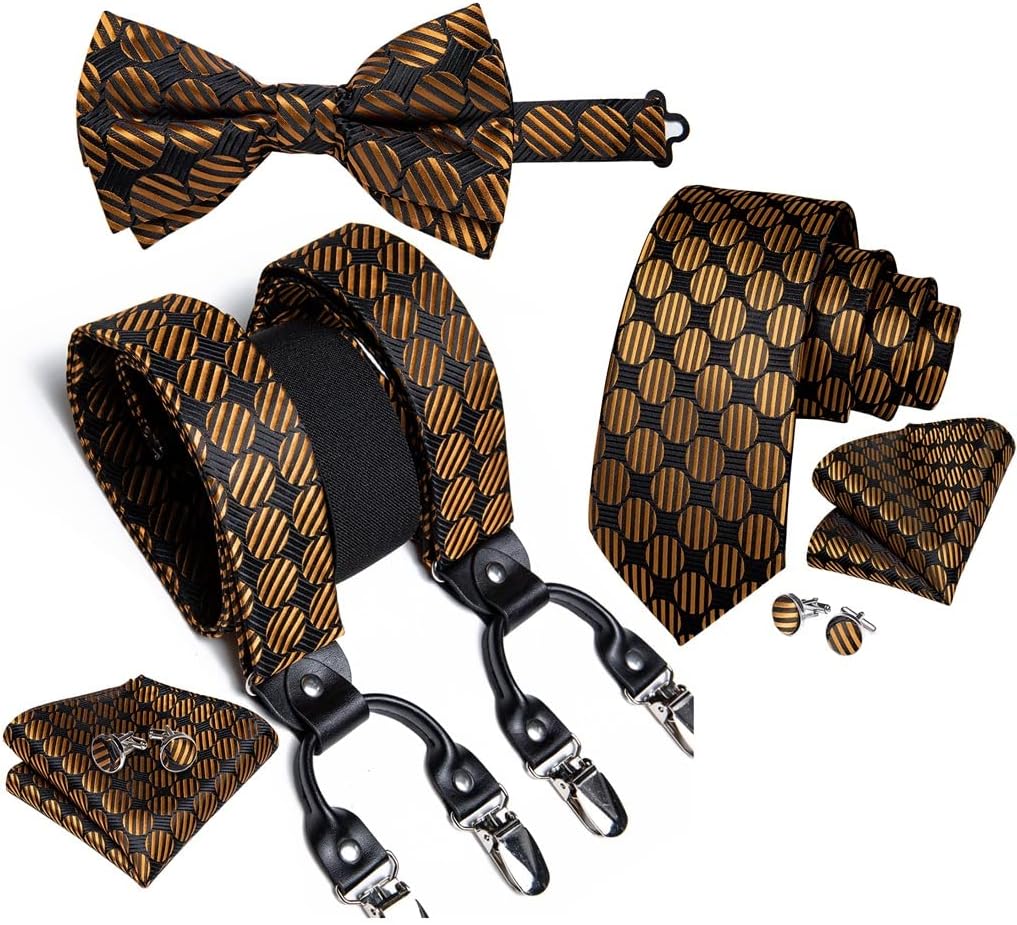 Men's Elastic Braces Suspenders Adjustable Shirt Decor Silk Necktie Bowtie Pocket Square Cuffins Set