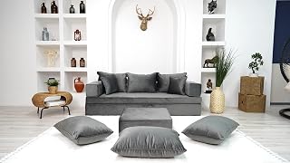 Samt-Antrazit-Sofa, Boden-Schlafsofa, japanisches Sofa, Meditationskissen, böhmisches Sofa, Rückenlehnenkissen (Sofa + Ottoman, 8''+ 4'' Thickness Sofa)
