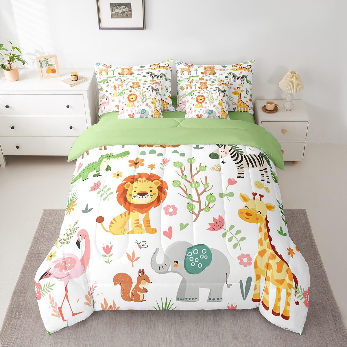 Feelyou Kids Cartoon Lions Giraffe Twin Bed in a Bag 7 Pcs Kids Zoo Animals Comforter Set with Sheets Flamingo Zebra Bedding Sets with Comforter, Pillowcases, Flat Sheet, Fitted Sheet & Cushion Cover