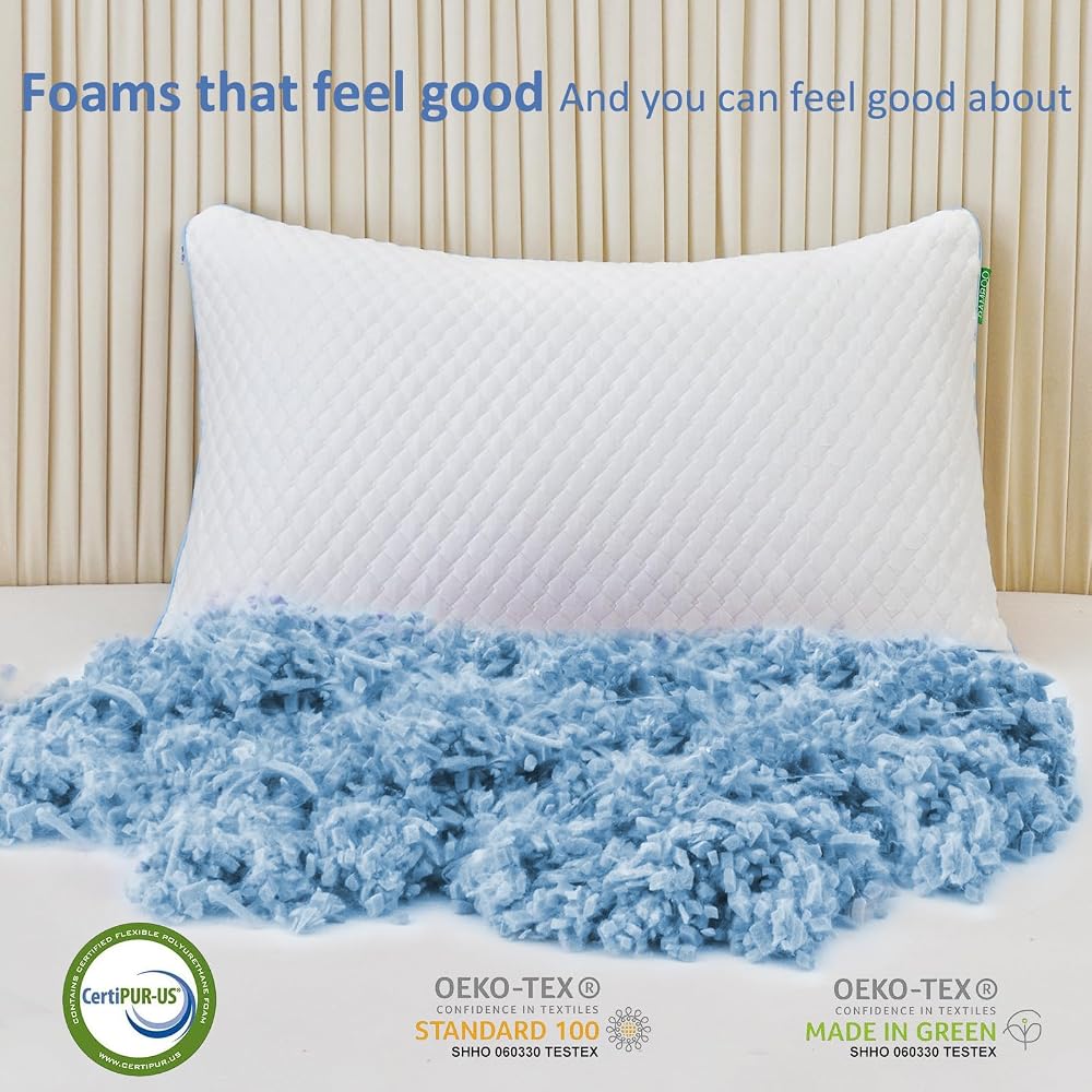 Shredded Memory Foam Pillows for Sleeping 2 Pack - Cooling Bed Pillows Standard Size Set of 2 - Firm Pillow for Side and Back Sleepers Adjustable Gel Pillow with Removable Cover