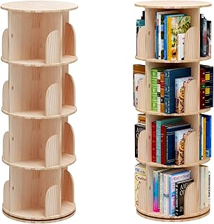 PTUWODS Drehbares Bücherregal, Standregal, 360 Grad, Lagerregal für Bibliothek, Schlafzimmer, Wohnzimmer，multifunktionales Bücherregal Massivholz (4 böden)