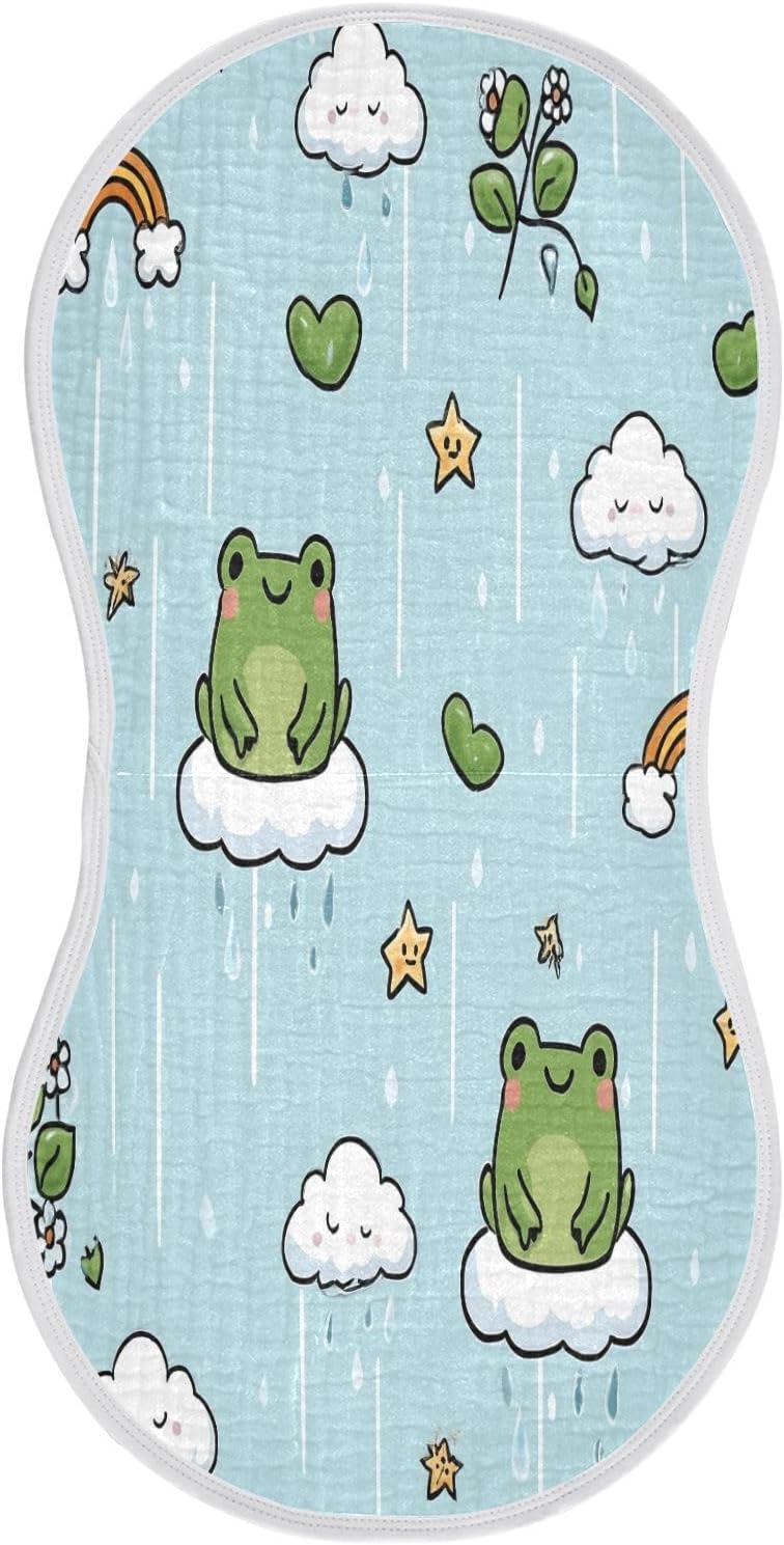Cartoon Rain Pattern with Frogs Baby Burp Cloths -4Pcs Soft Absorbent Muslin Washcloths Bibs Face Towel for Newborn Boys Girls 22 x 11 Inch