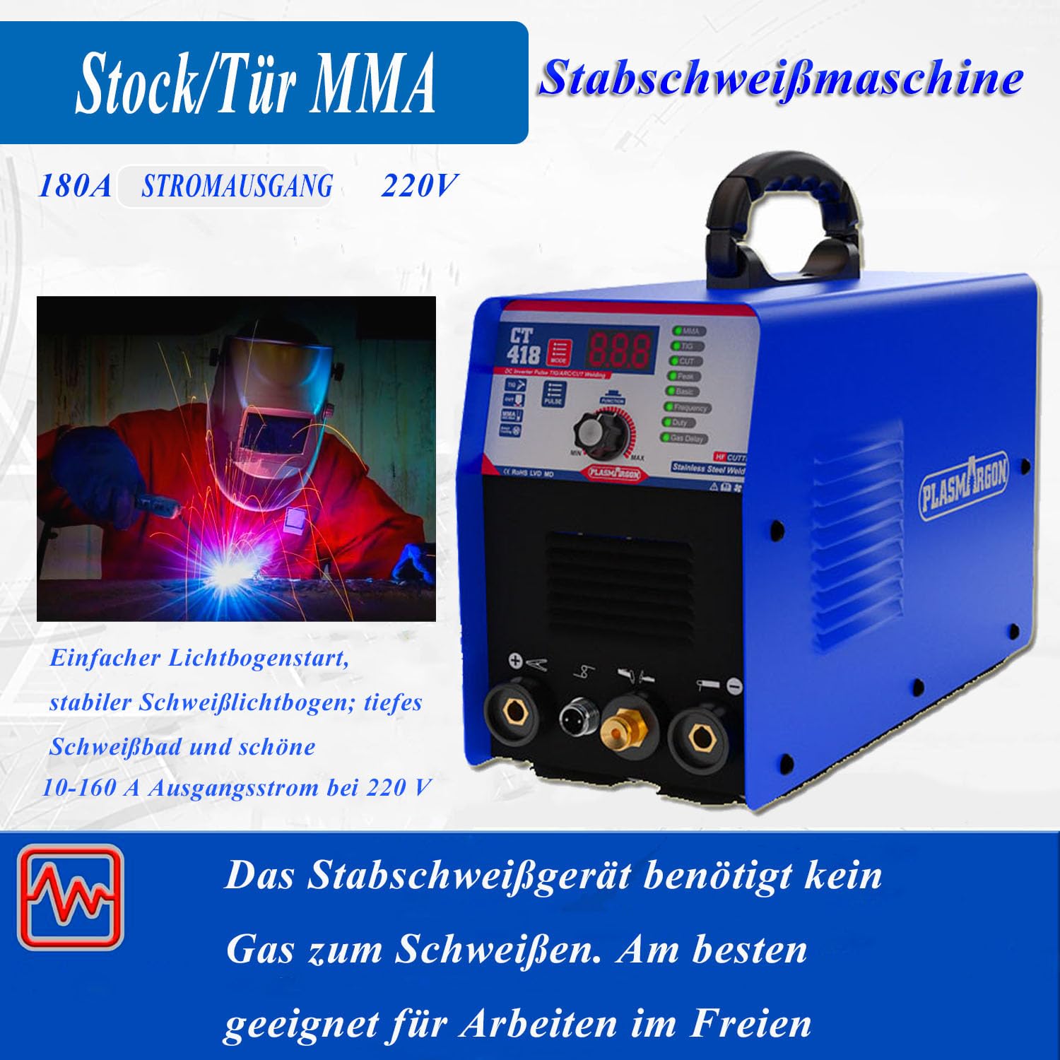 3 in 1 Combo Pilot Arc Plasmaschneider WIG Schweißgerät MMA Wechselrichter Kombischweißgerät Plasmaschneider TIG MMA | IGBT | Digitale LCD Anzeige | HF-Zündung CT418P