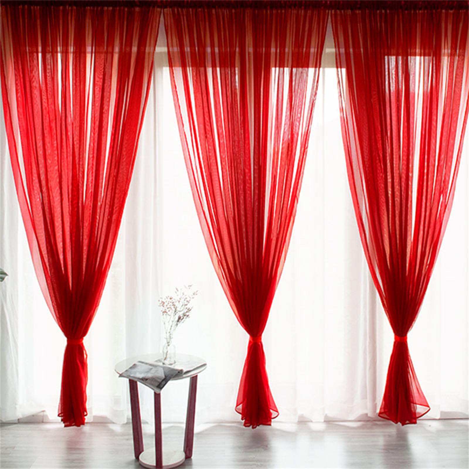Odot Voile Curtains 2 Panels for Living Room, Semi Light Filtering Tulle Curtain Rod Pocket Sheer Curtains Drapes for Home Bedroom Windows (Red,100x120cm)