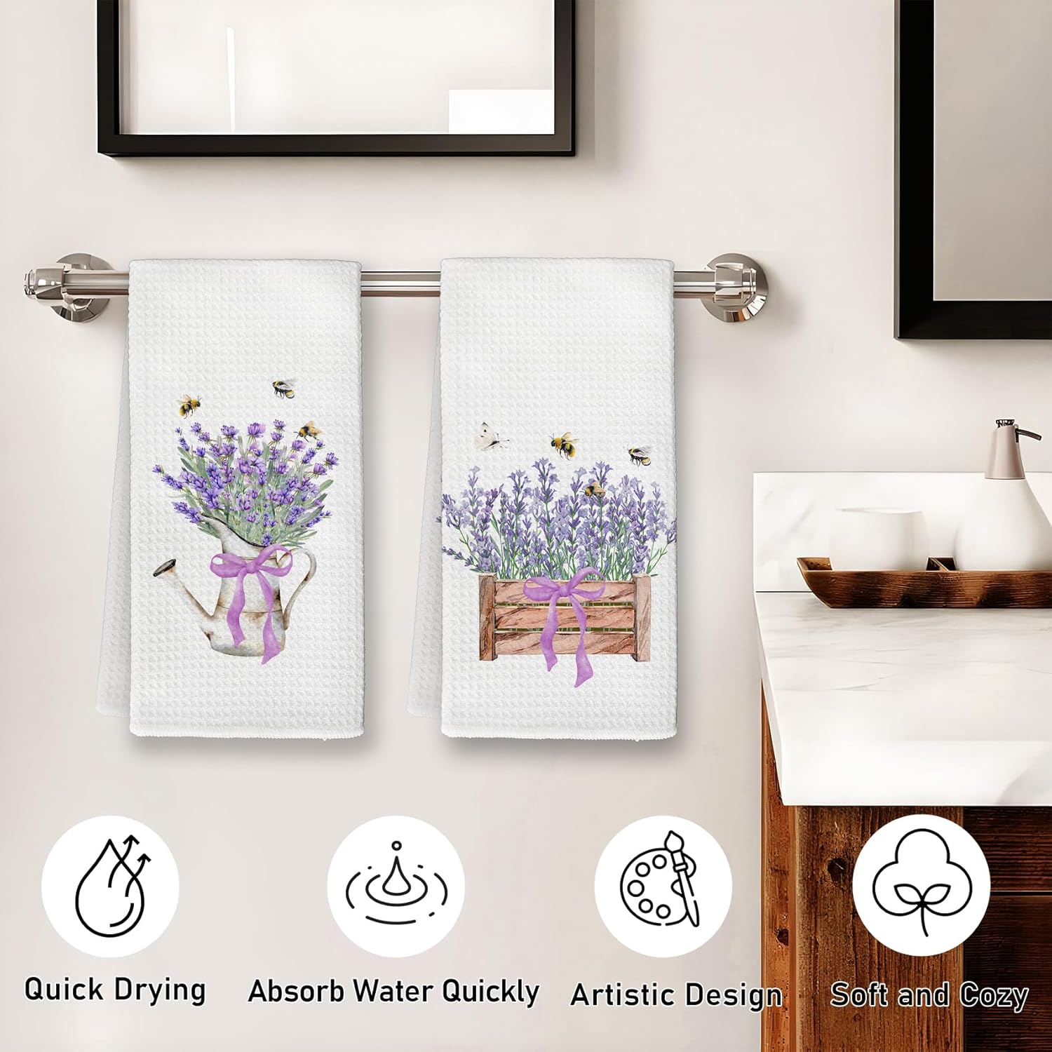 Lavender Floral Kitchen Towels, Cottagecore Country Bee Butterfly Flower Hand Dish Towels Decor, Flower Tea Towel for Kitchen Decorative, Floral Bathroom Decor, 16x24 Inch Set of 2 - Image 6